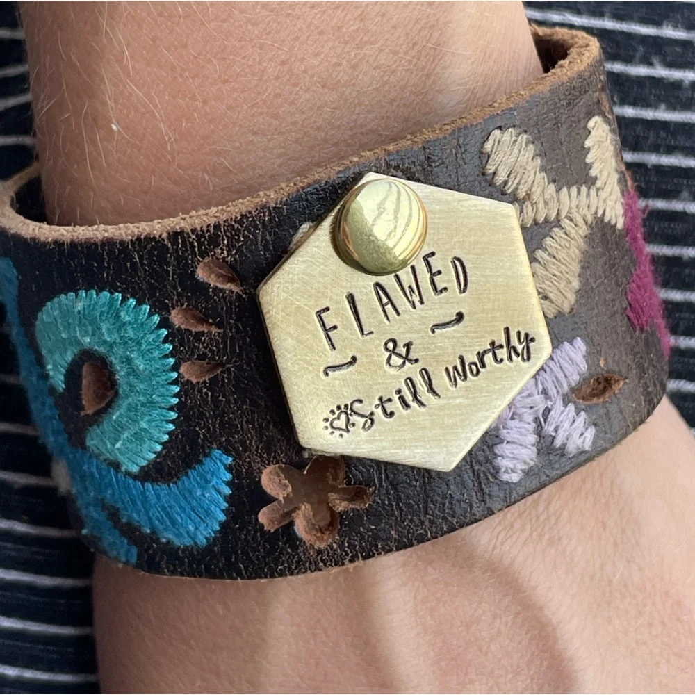 Handcrafted Leather Cuff Bracelet with Inspirational Message